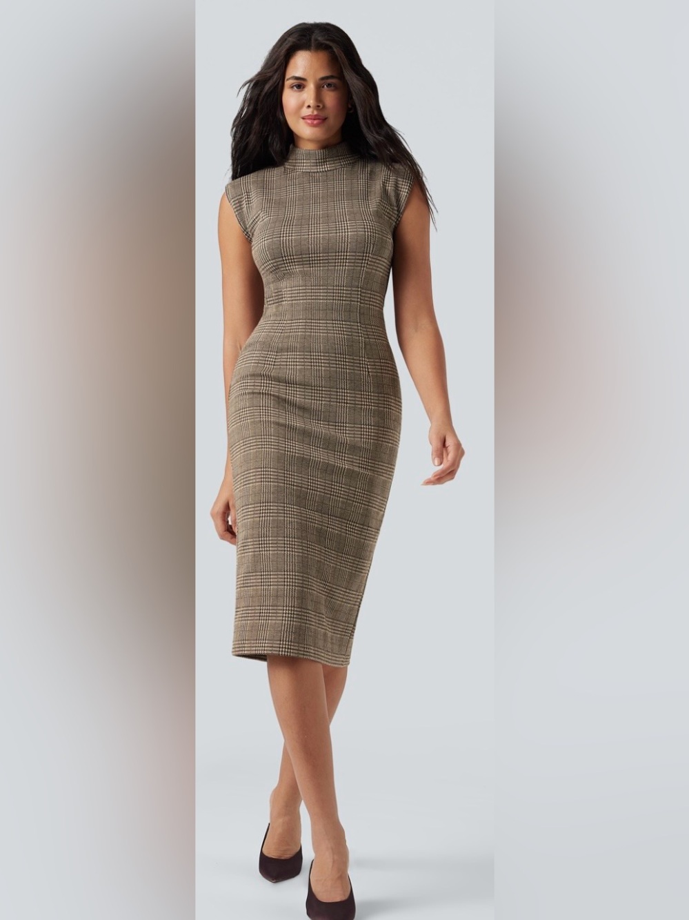 HALARA High Neck Sleeveless Brown Bodycon Houndstooth Plaid Midi Sheath Dress
